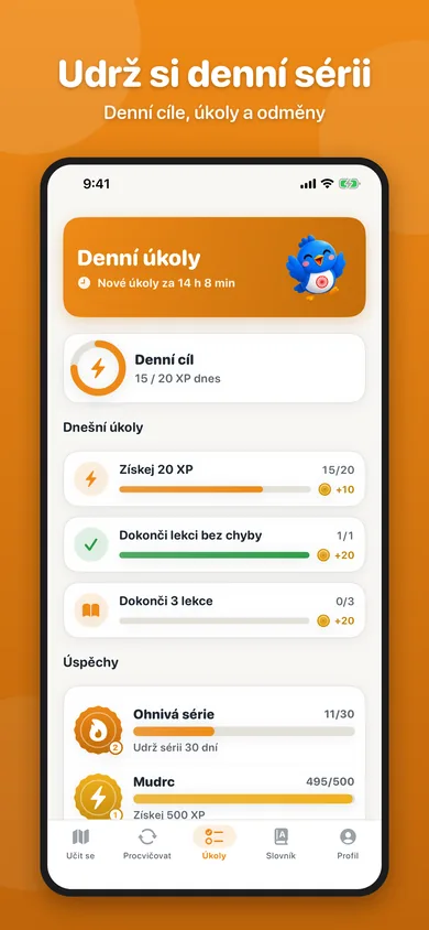 Denní úkoly, denní cíl a úspěchy v aplikaci Čiriklo